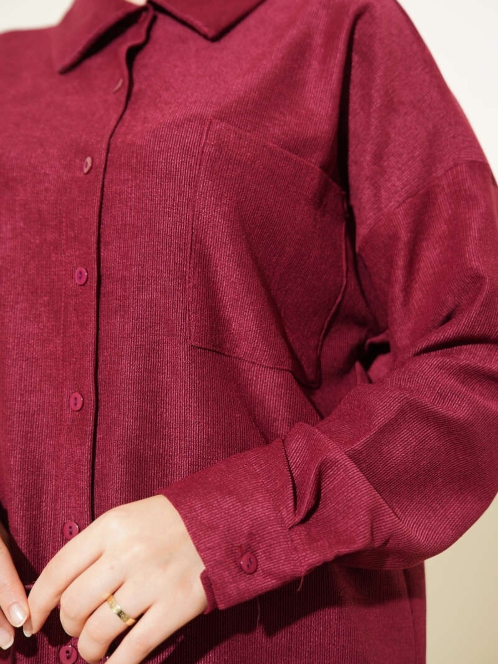 Two Piece Modest Burgundy Ribbed Pocket Shirt Set XXL - Picture 3 of 8